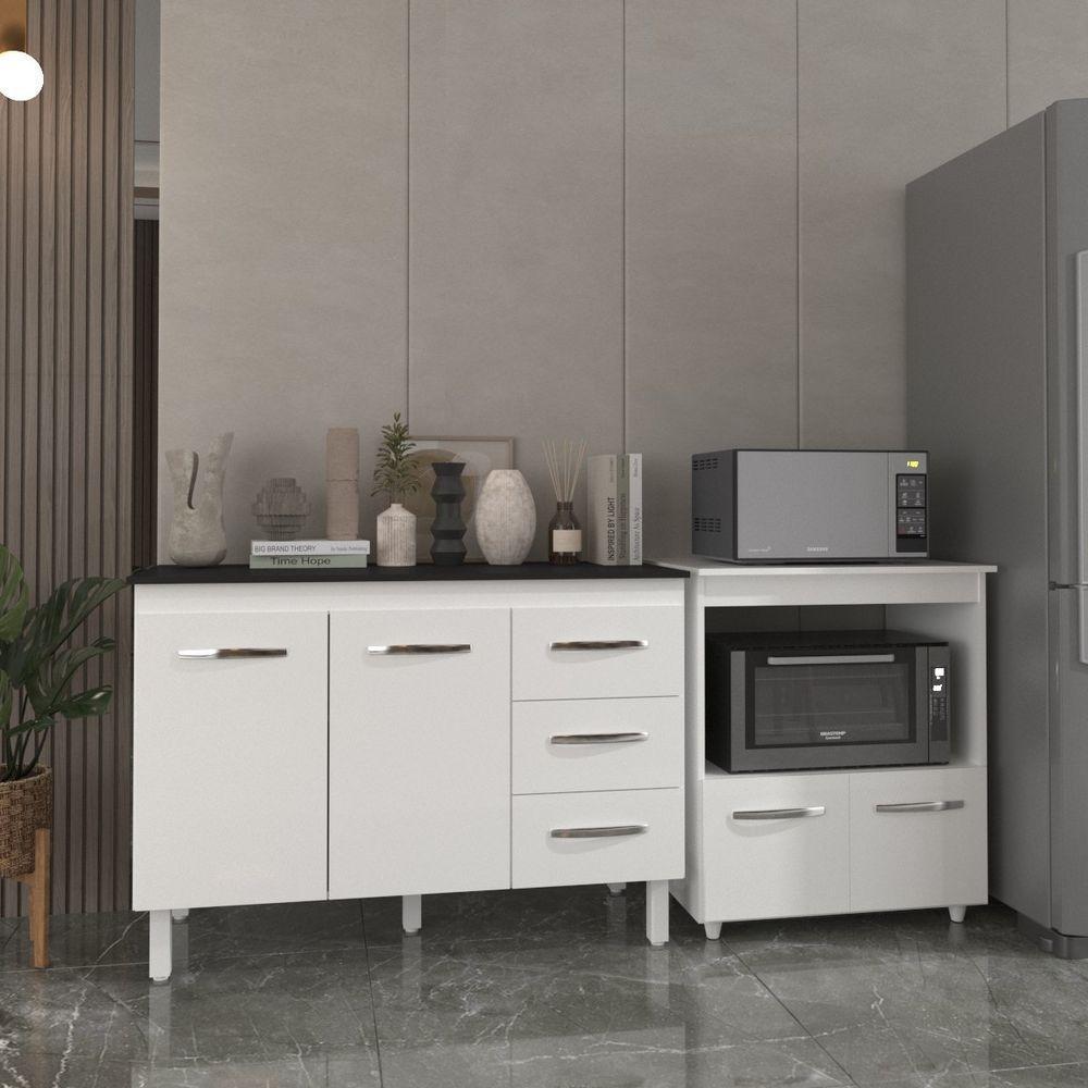 Balcão Armário Gabinete Bruna 118 Cm Branco Com Tampo Preto E Balcão Amanda Para Forno E Microondas Branco - 3
