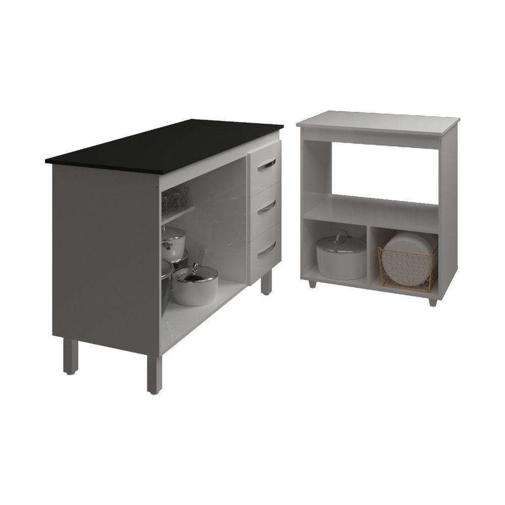Balcão Armário Gabinete Bruna 118 Cm Branco Com Tampo Preto E Balcão Amanda Para Forno E Microondas Branco - 5