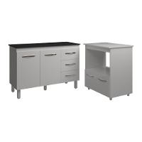 Balcão Armário Gabinete Bruna 118 Cm Branco Com Tampo Preto E Balcão Amanda Para Forno E Microondas Branco - 1
