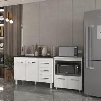 Balcão Armário Gabinete Bruna 118 Cm Branco Com Tampo Preto E Balcão Amanda Para Forno E Microondas Branco - 2
