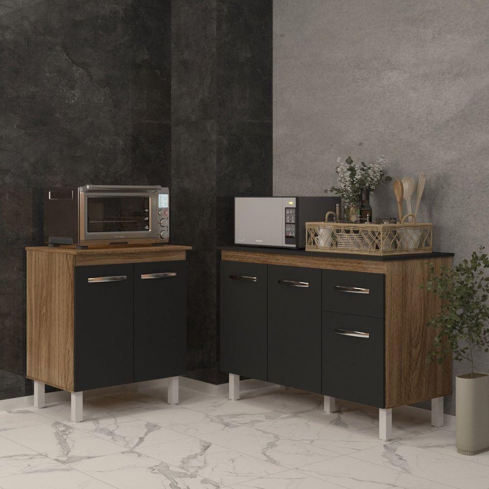 Balcão Para Microondas Ou Forno E Armário Aline 118 Cm Cozinha Gabinete Preto Com Tampo Tampão Preto - 3