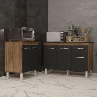 Balcão Para Microondas Ou Forno E Armário Aline 118 Cm Cozinha Gabinete Preto Com Tampo Tampão Preto - 2