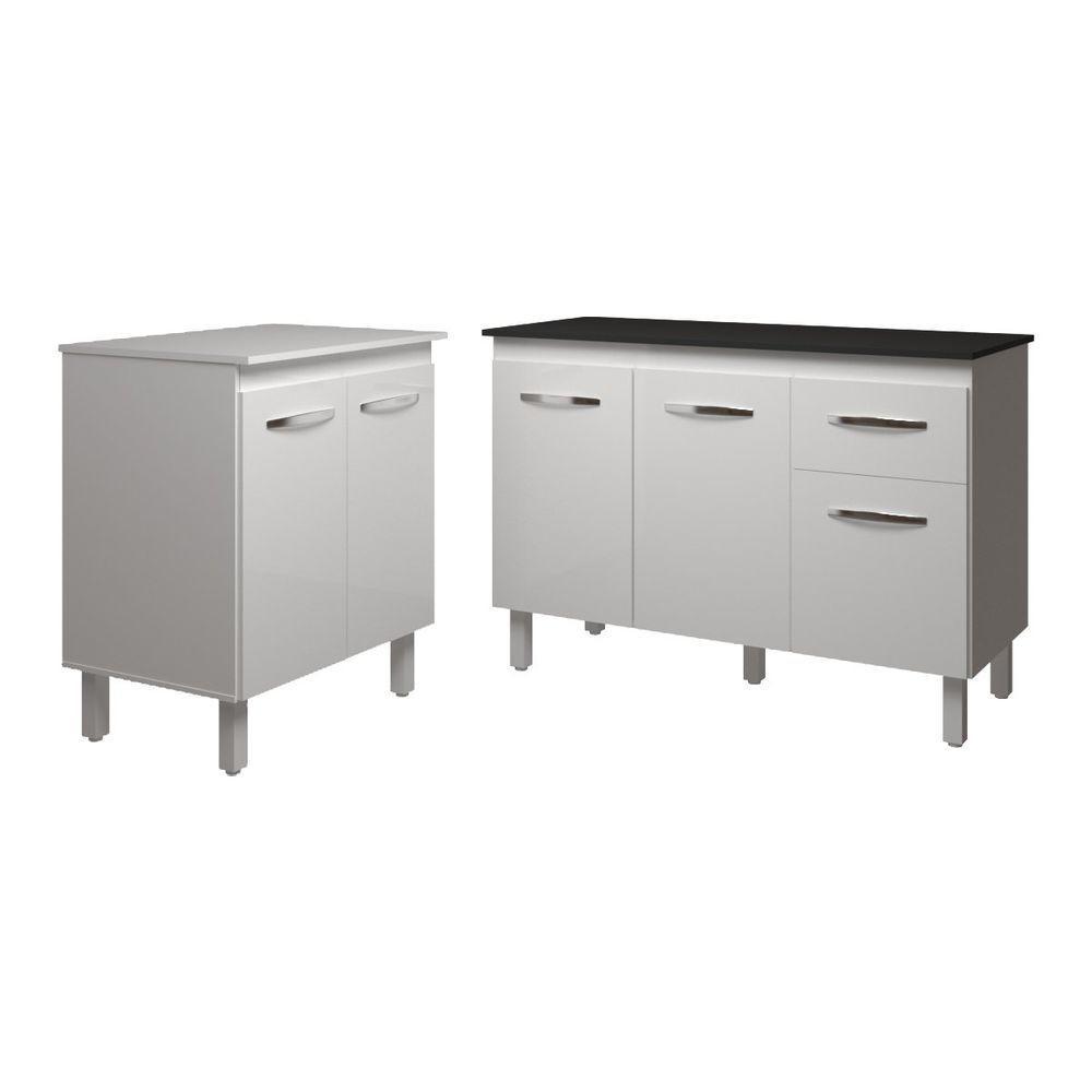 Balcão Para Microondas Ou Forno Branco E Armário Aline 118 Cm Cozinha Gabinete Branco Com Tampo Tampão Preto - 1