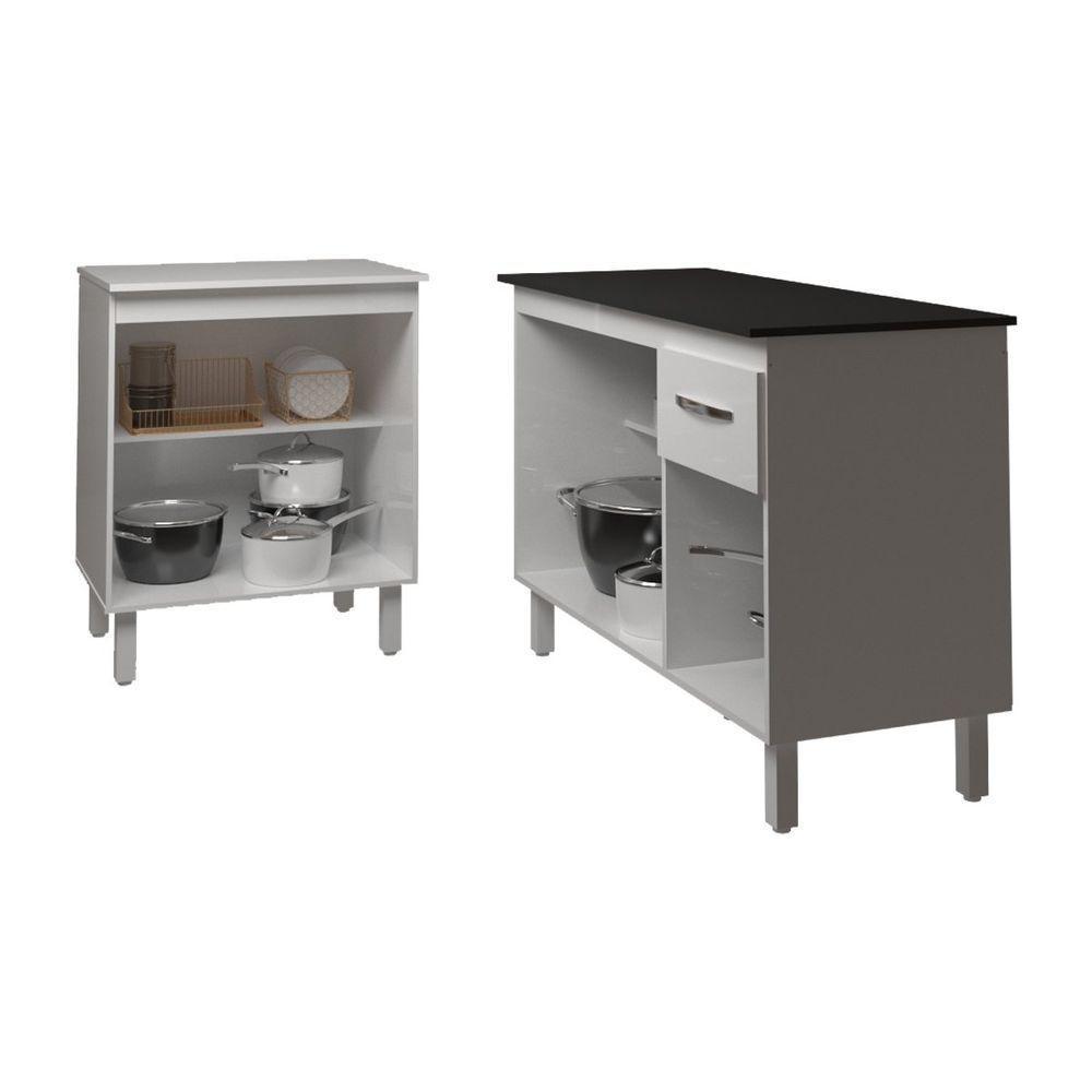 Balcão Para Microondas Ou Forno Branco E Armário Aline 118 Cm Cozinha Gabinete Branco Com Tampo Tampão Preto - 4