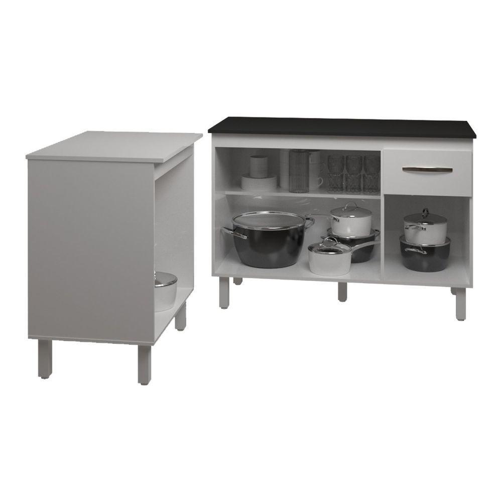 Balcão Para Microondas Ou Forno Branco E Armário Aline 118 Cm Cozinha Gabinete Branco Com Tampo Tampão Preto - 5