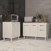 Balcão Para Microondas Ou Forno Branco E Armário Aline 118 Cm Cozinha Gabinete Branco Com Tampo Tampão Preto - 2