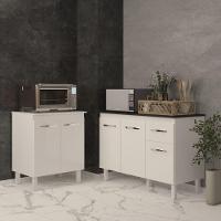 Balcão Para Microondas Ou Forno Branco E Armário Aline 118 Cm Cozinha Gabinete Branco Com Tampo Tampão Preto - 3
