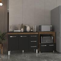 Balcão Armário Gabinete Bruna 118 Cm Preto Com Tampo Preto E Balcão Amanda Para Forno E Microondas Preto - 3