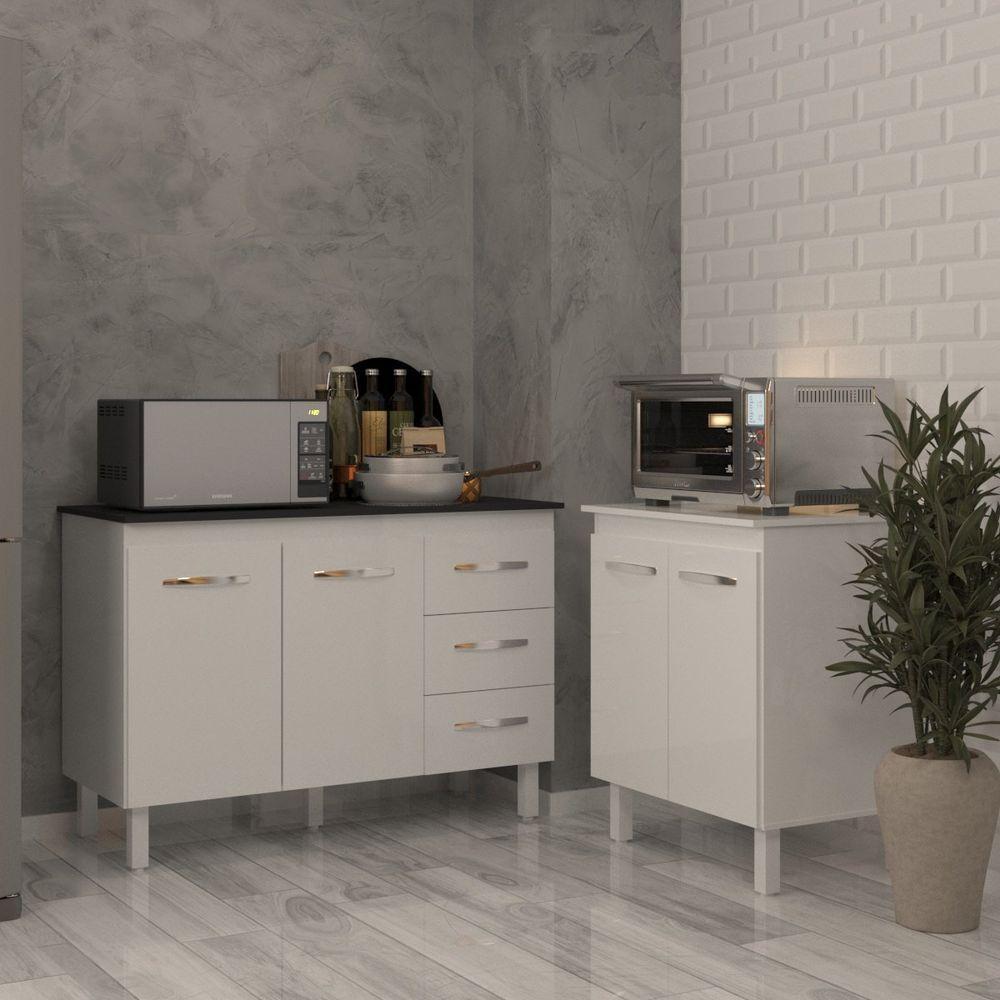 Balcão Para Microondas Ou Forno Branco E Armário Bruna 118 Cm Cozinha Gabinete Branco Com Tampo Tampão Preto - 2