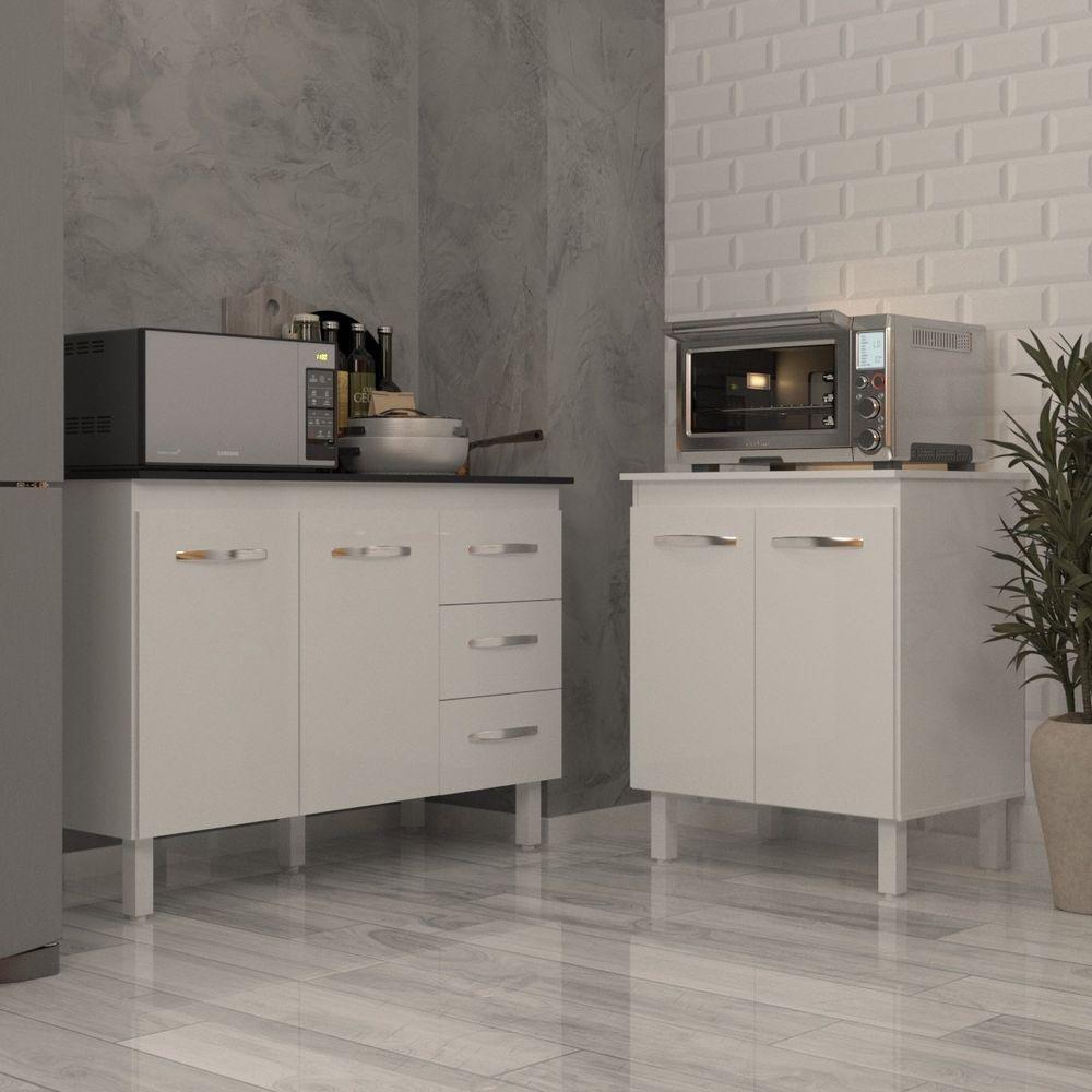 Balcão Para Microondas Ou Forno Branco E Armário Bruna 118 Cm Cozinha Gabinete Branco Com Tampo Tampão Preto - 3