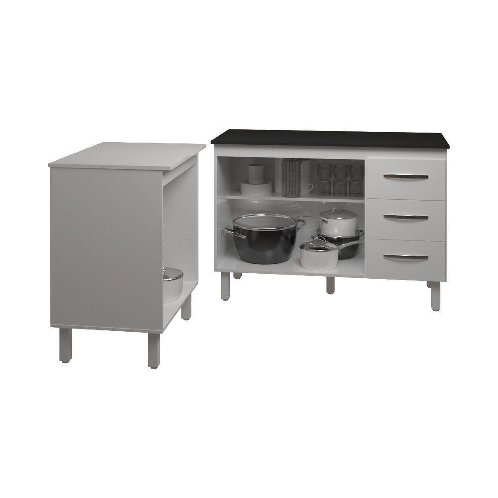 Balcão Para Microondas Ou Forno Branco E Armário Bruna 118 Cm Cozinha Gabinete Branco Com Tampo Tampão Preto - 4