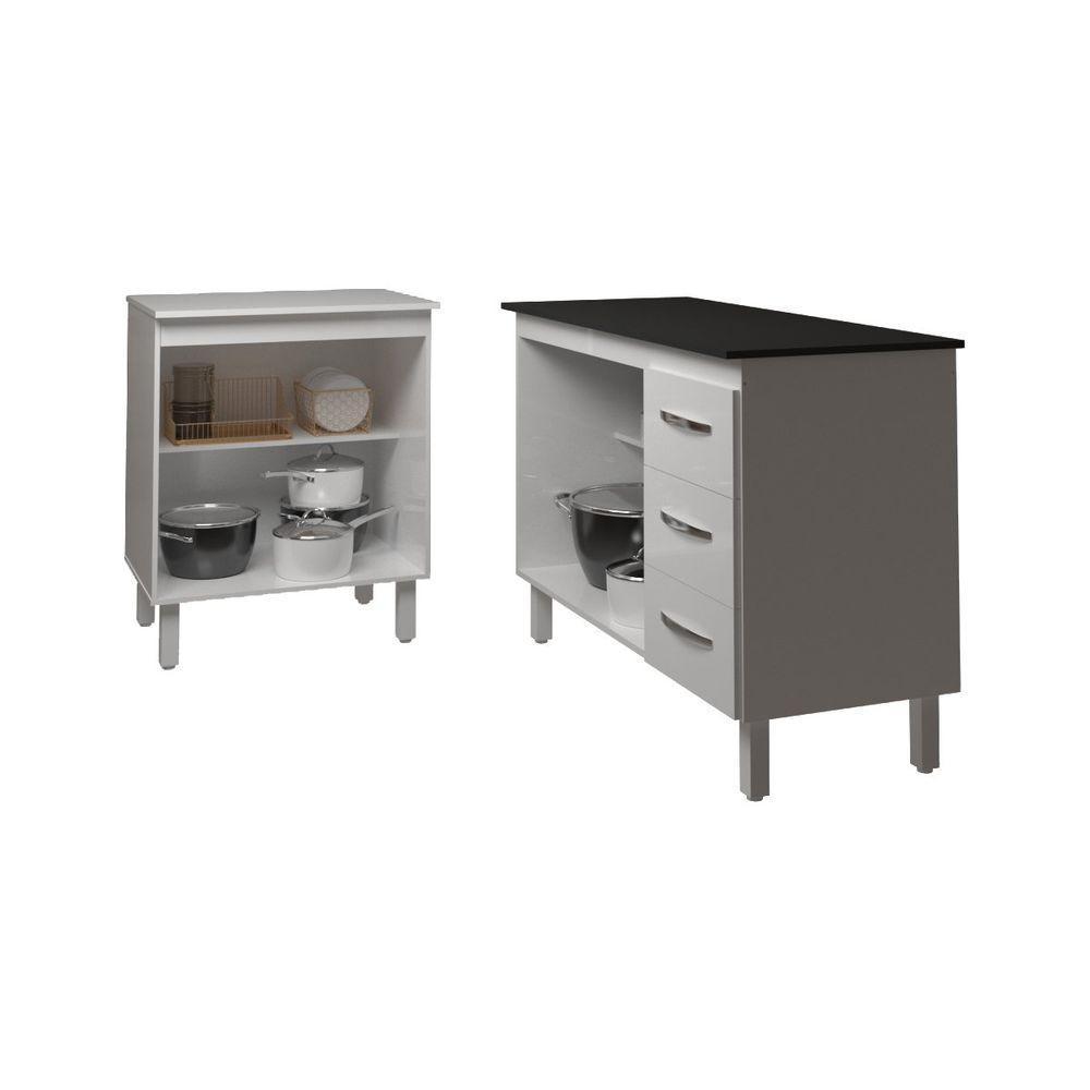 Balcão Para Microondas Ou Forno Branco E Armário Bruna 118 Cm Cozinha Gabinete Branco Com Tampo Tampão Preto - 5