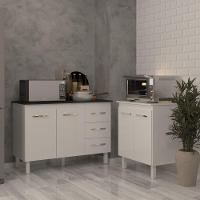 Balcão Para Microondas Ou Forno Branco E Armário Bruna 118 Cm Cozinha Gabinete Branco Com Tampo Tampão Preto - 2