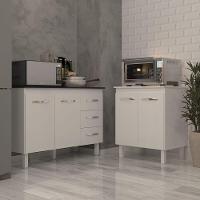 Balcão Para Microondas Ou Forno Branco E Armário Bruna 118 Cm Cozinha Gabinete Branco Com Tampo Tampão Preto - 3