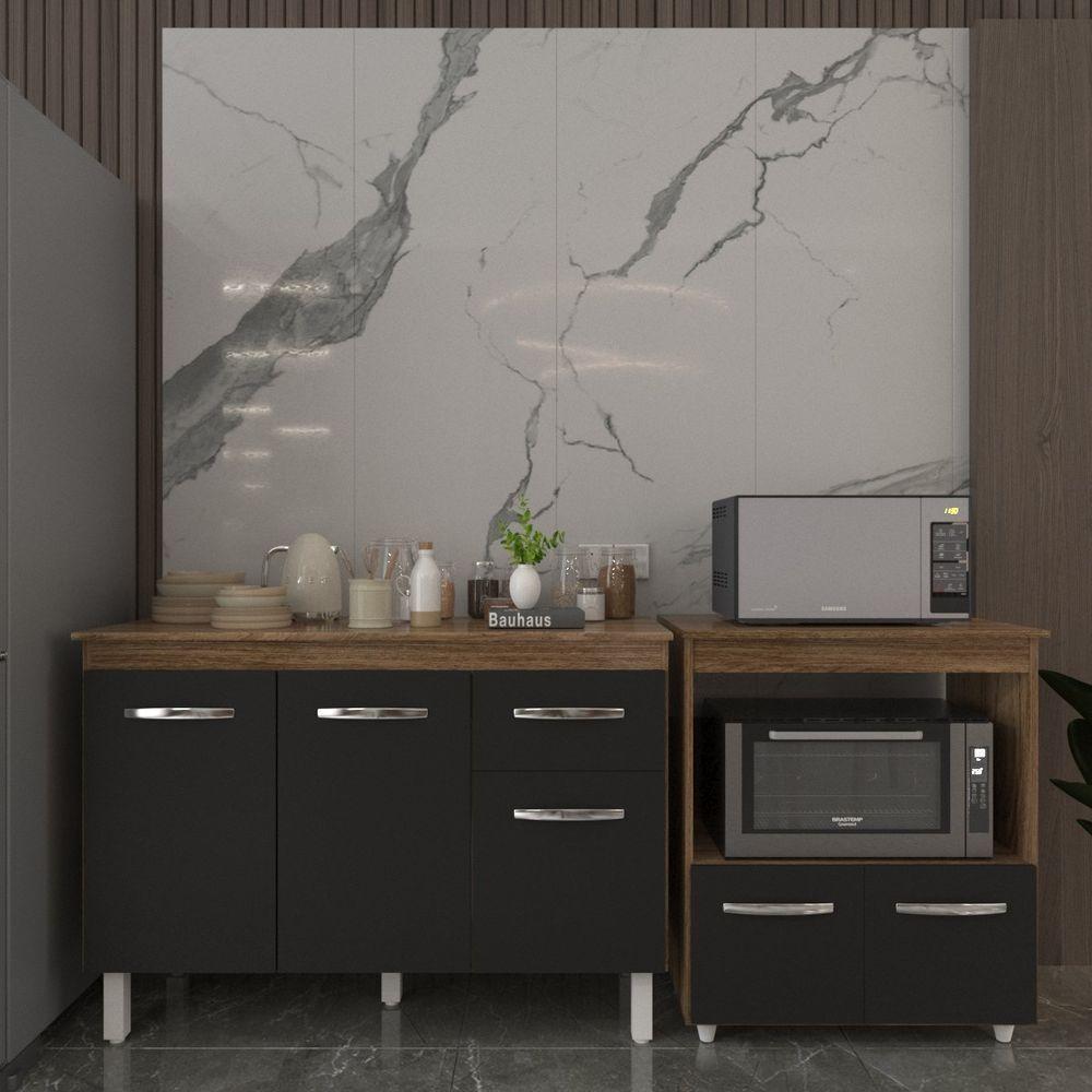 Balcão Armário Gabinete Aline 118 Cm Preto Com Tampo E Balcão Amanda Para Forno E Microondas Preto - 2