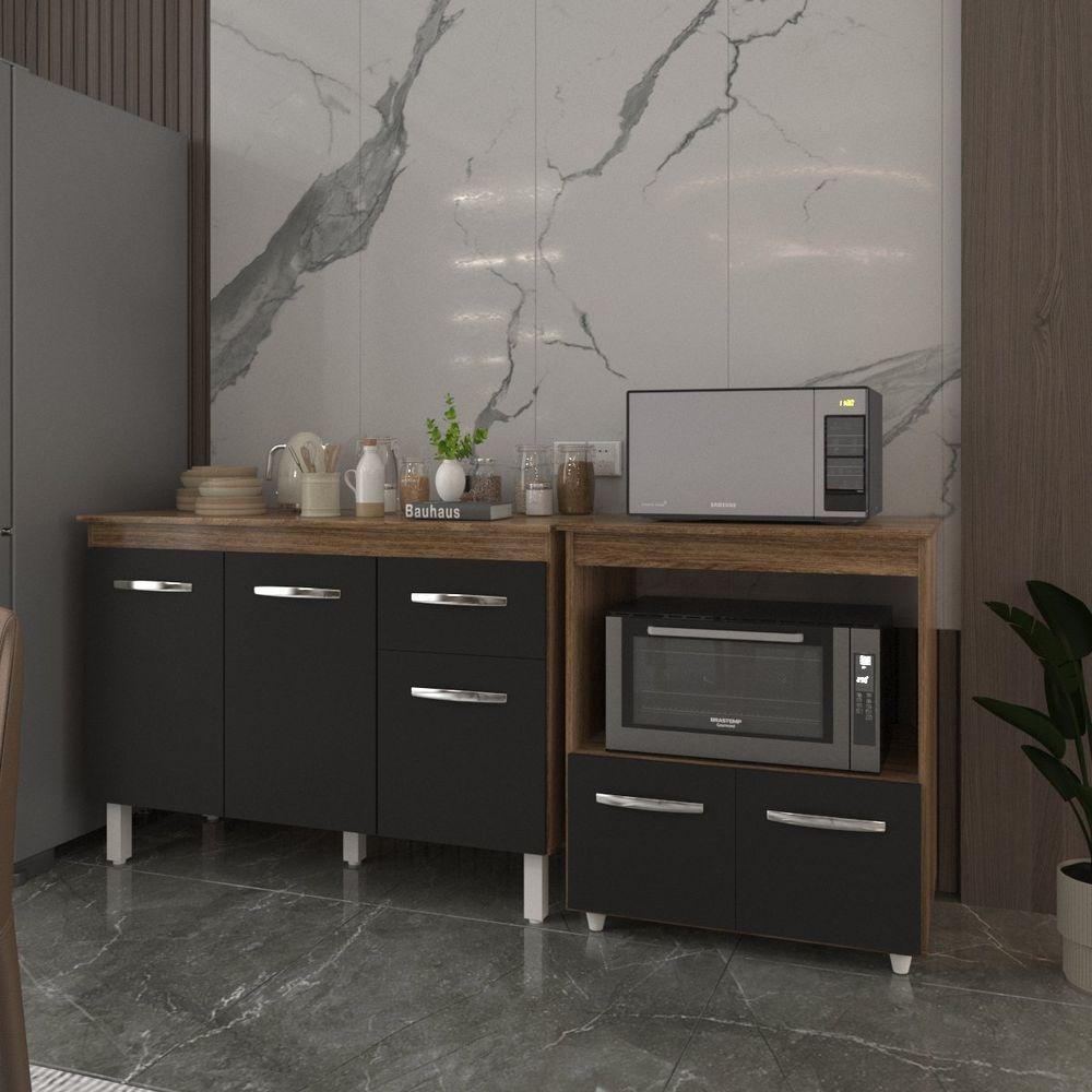 Balcão Armário Gabinete Aline 118 Cm Preto Com Tampo E Balcão Amanda Para Forno E Microondas Preto - 6