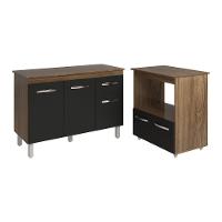 Balcão Armário Gabinete Aline 118 Cm Preto Com Tampo E Balcão Amanda Para Forno E Microondas Preto - 1