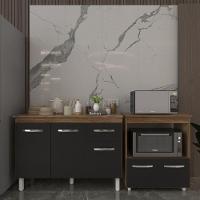 Balcão Armário Gabinete Aline 118 Cm Preto Com Tampo E Balcão Amanda Para Forno E Microondas Preto - 2
