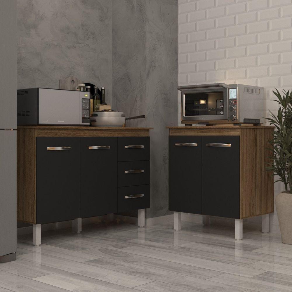 Balcão Para Microondas Ou Forno E Armário Bruna 118 Cm Cozinha Gabinete Preto Com Tampo Tampão - 2