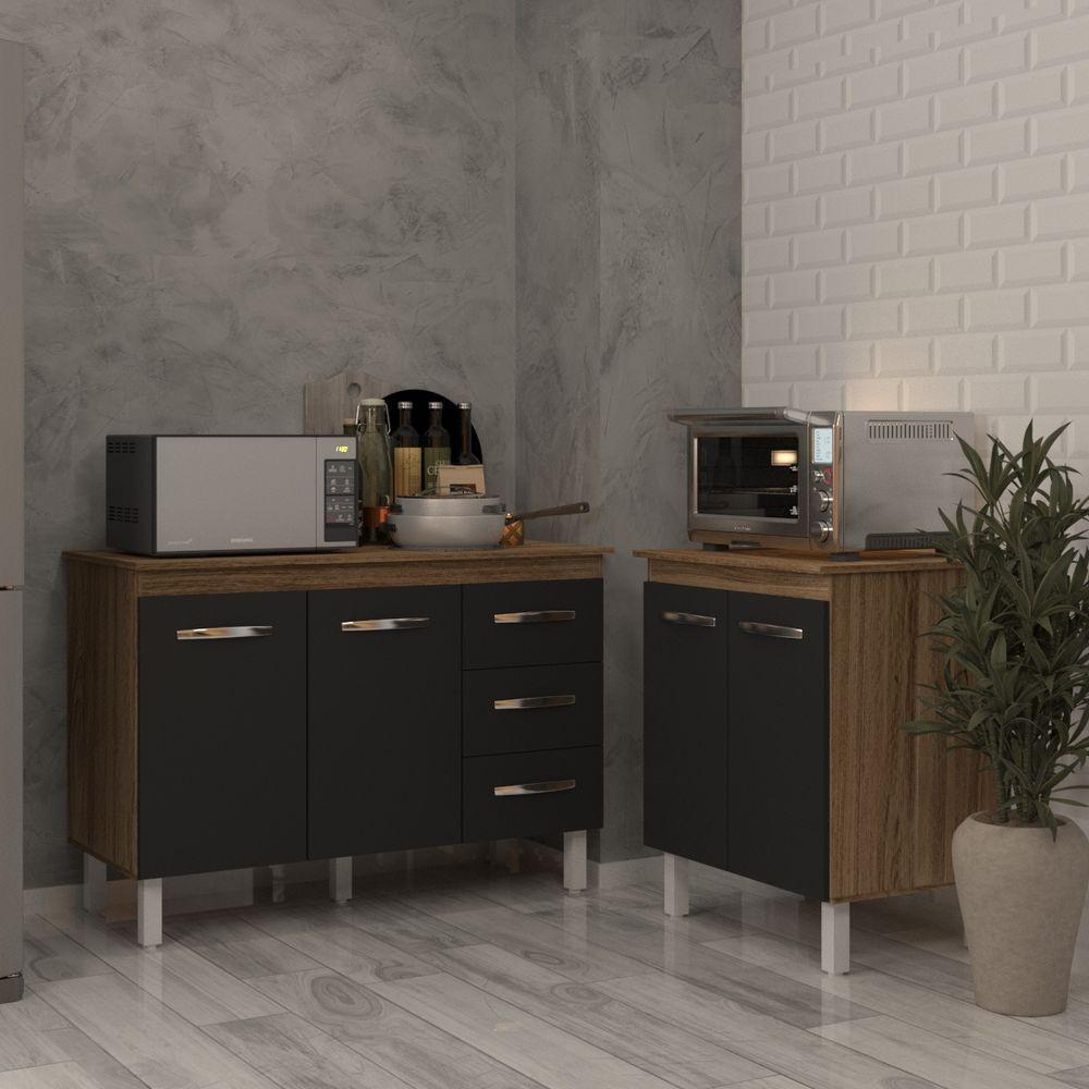 Balcão Para Microondas Ou Forno E Armário Bruna 118 Cm Cozinha Gabinete Preto Com Tampo Tampão - 3