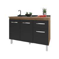 Balcão Armário Gabinete Para Pia De Cozinha 118 Cm Aline 3 Portas E 1 Gaveta Preto