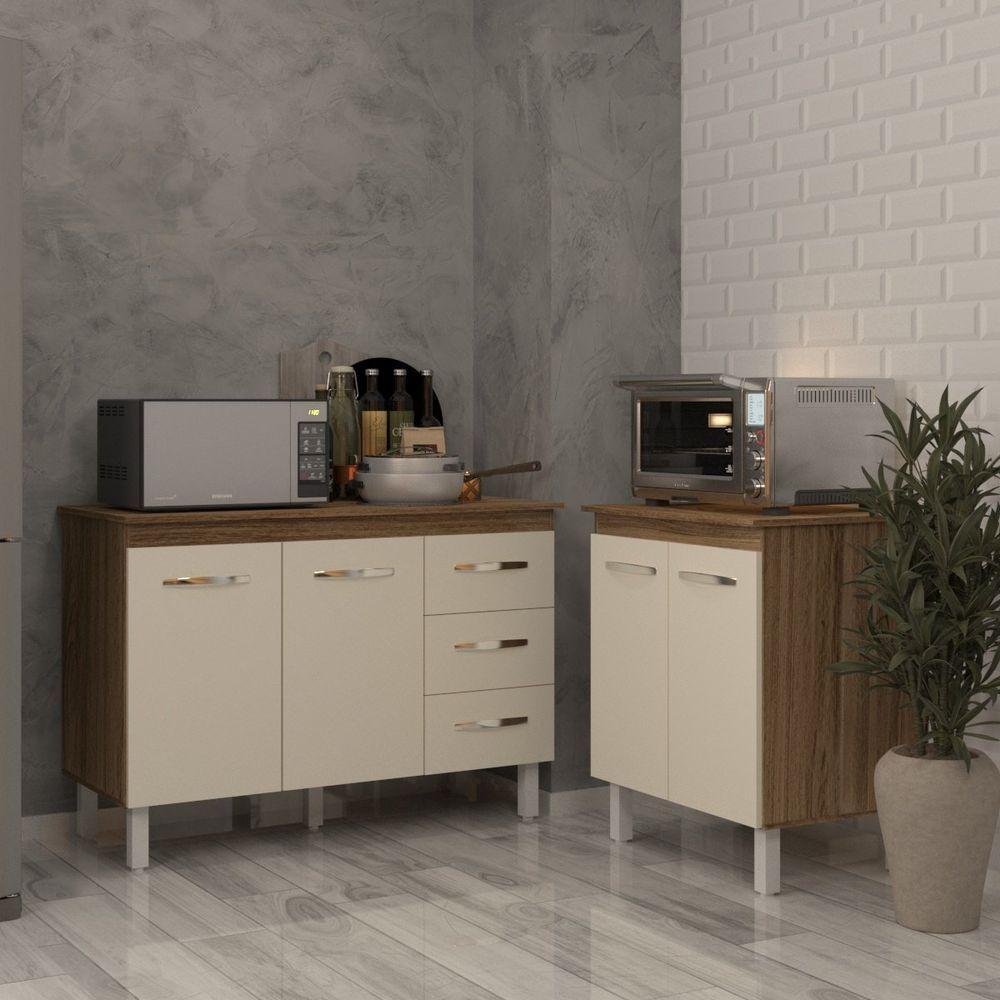 Balcão Para Microondas Ou Forno E Armário Bruna 118 Cm Cozinha Gabinete Off White Com Tampo Tampão - 3