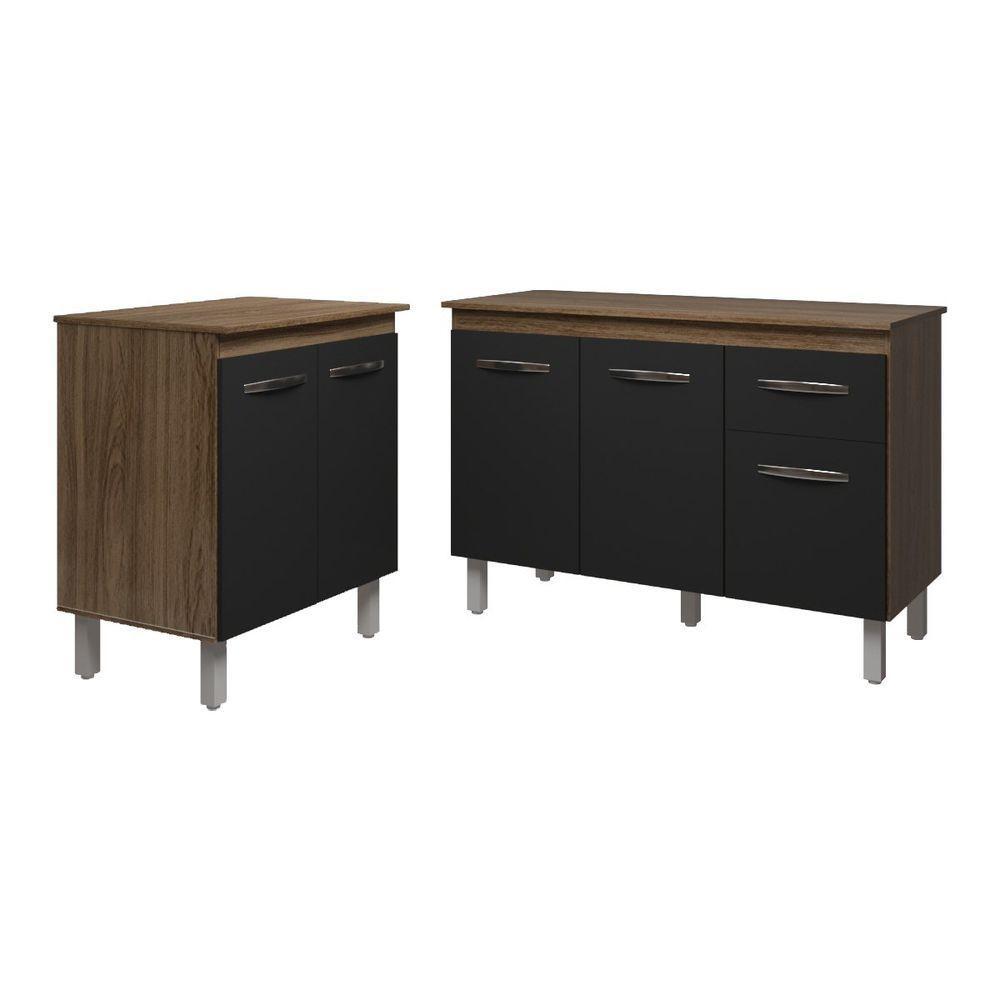 Balcão Para Microondas Ou Forno E Armário Aline 118 Cm Cozinha Gabinete Preto Com Tampo Tampão - 1