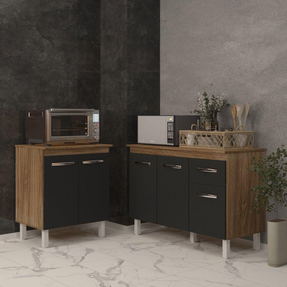 Balcão Para Microondas Ou Forno E Armário Aline 118 Cm Cozinha Gabinete Preto Com Tampo Tampão - 2