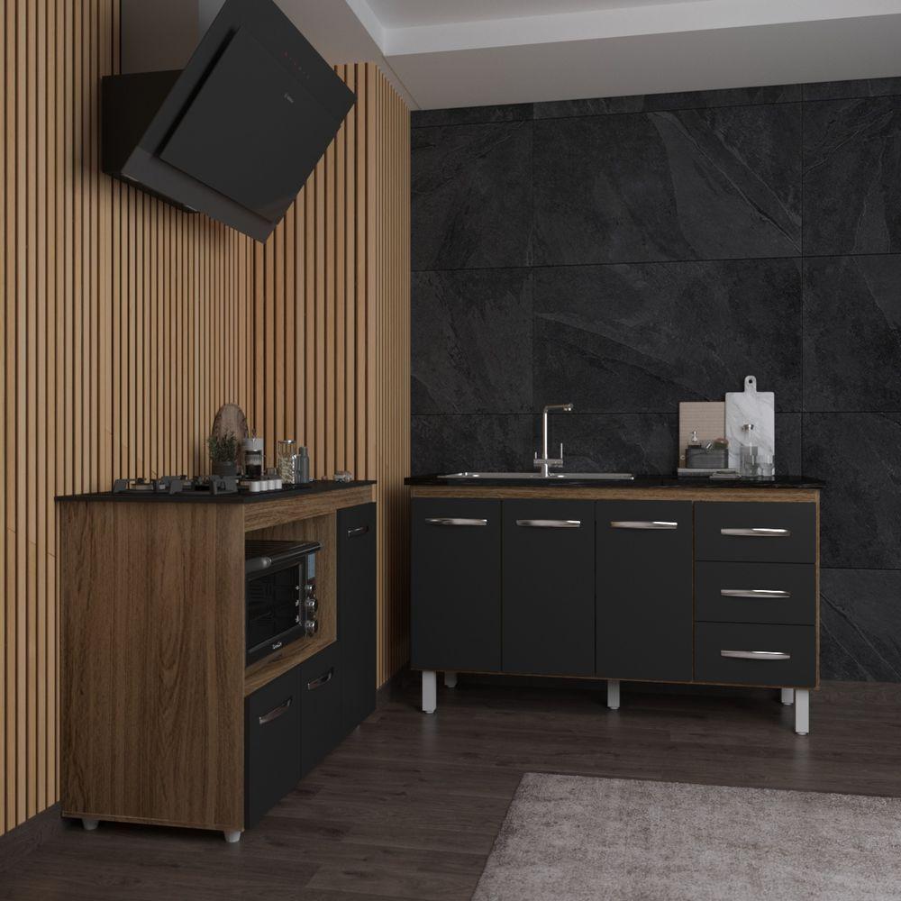 Armário Cozinha Carine Gabinete De Pia 140 Cm E Balcão Alana Para Cooktop 4 Bocas E Forno Ou Microondas Preto - 2