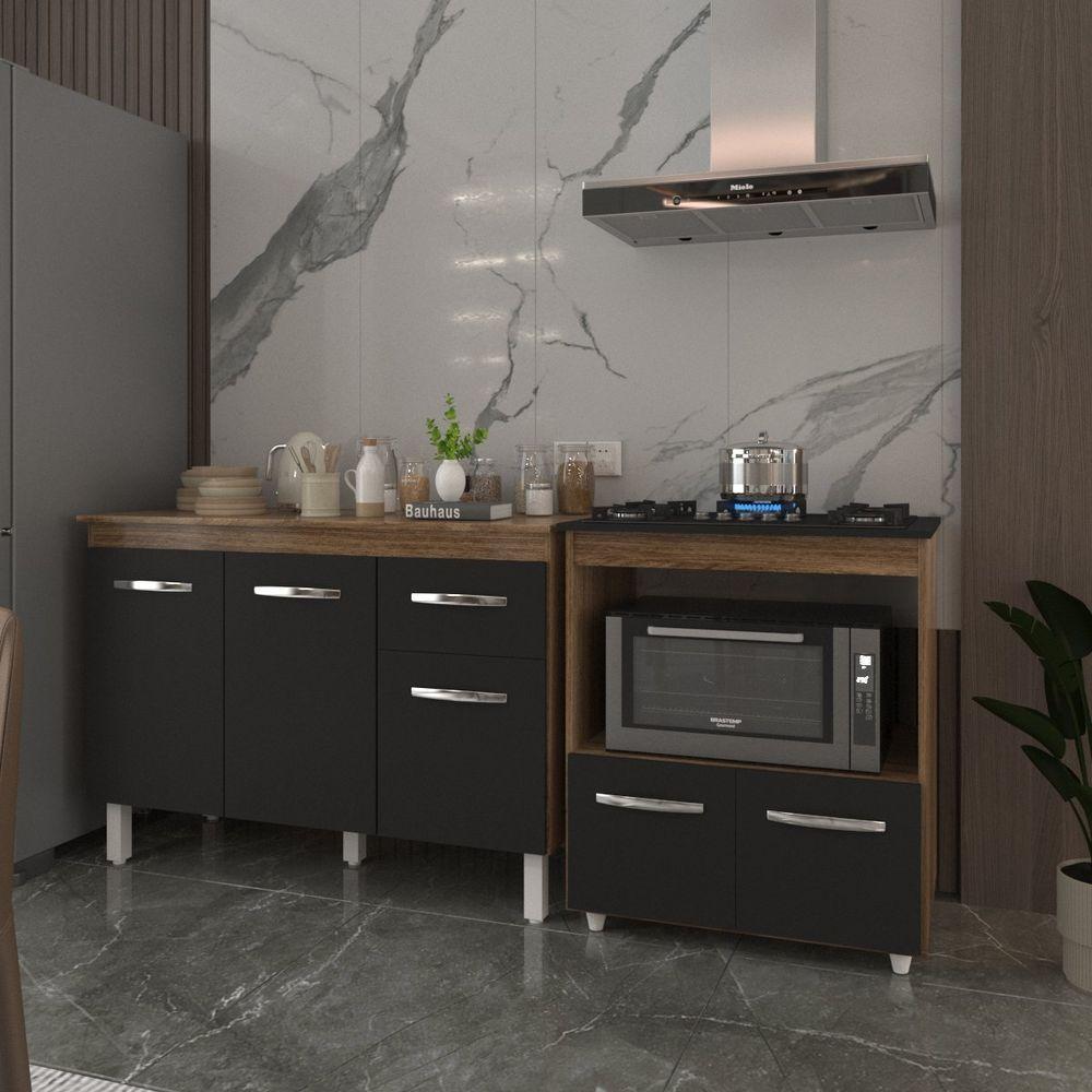 Balcão Armário Gabinete Aline 118 Cm Preto Com Tampo E Balcão Evelyn Para Cooktop 5 Bocas Preto - 2