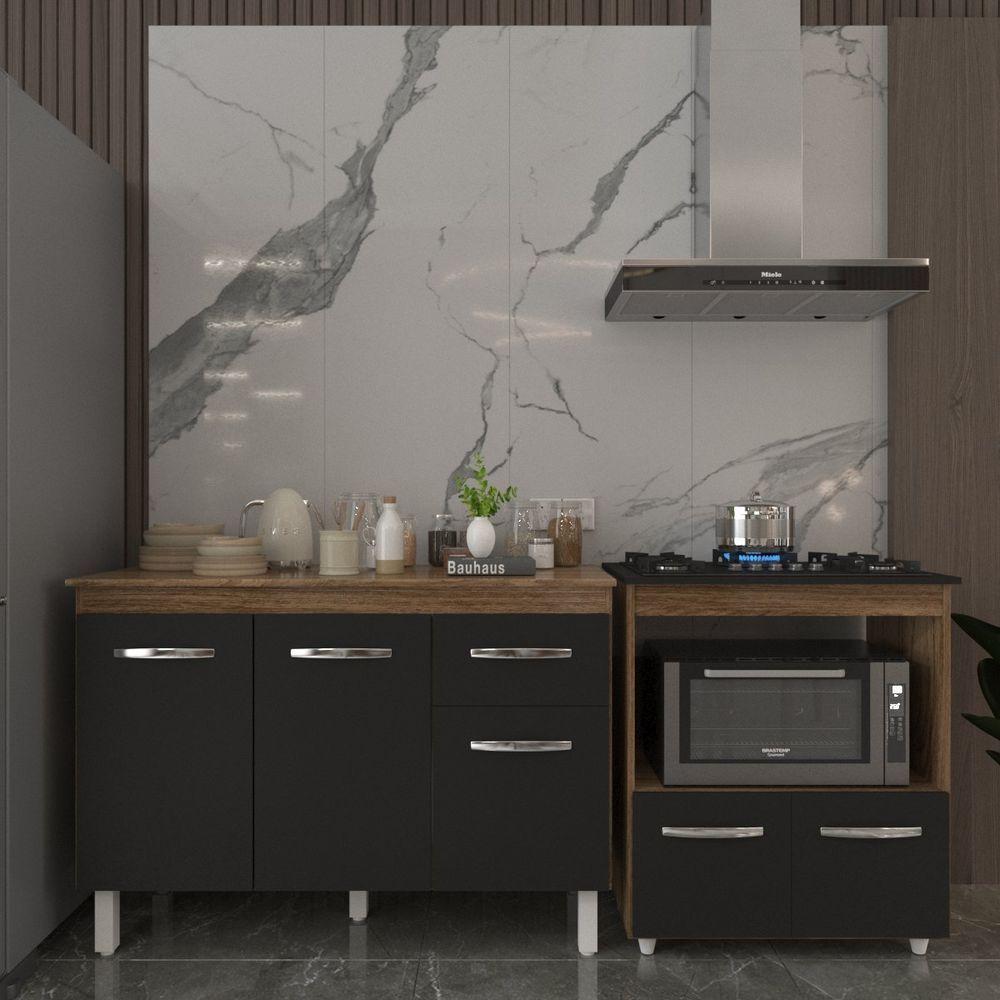 Balcão Armário Gabinete Aline 118 Cm Preto Com Tampo E Balcão Evelyn Para Cooktop 5 Bocas Preto - 3