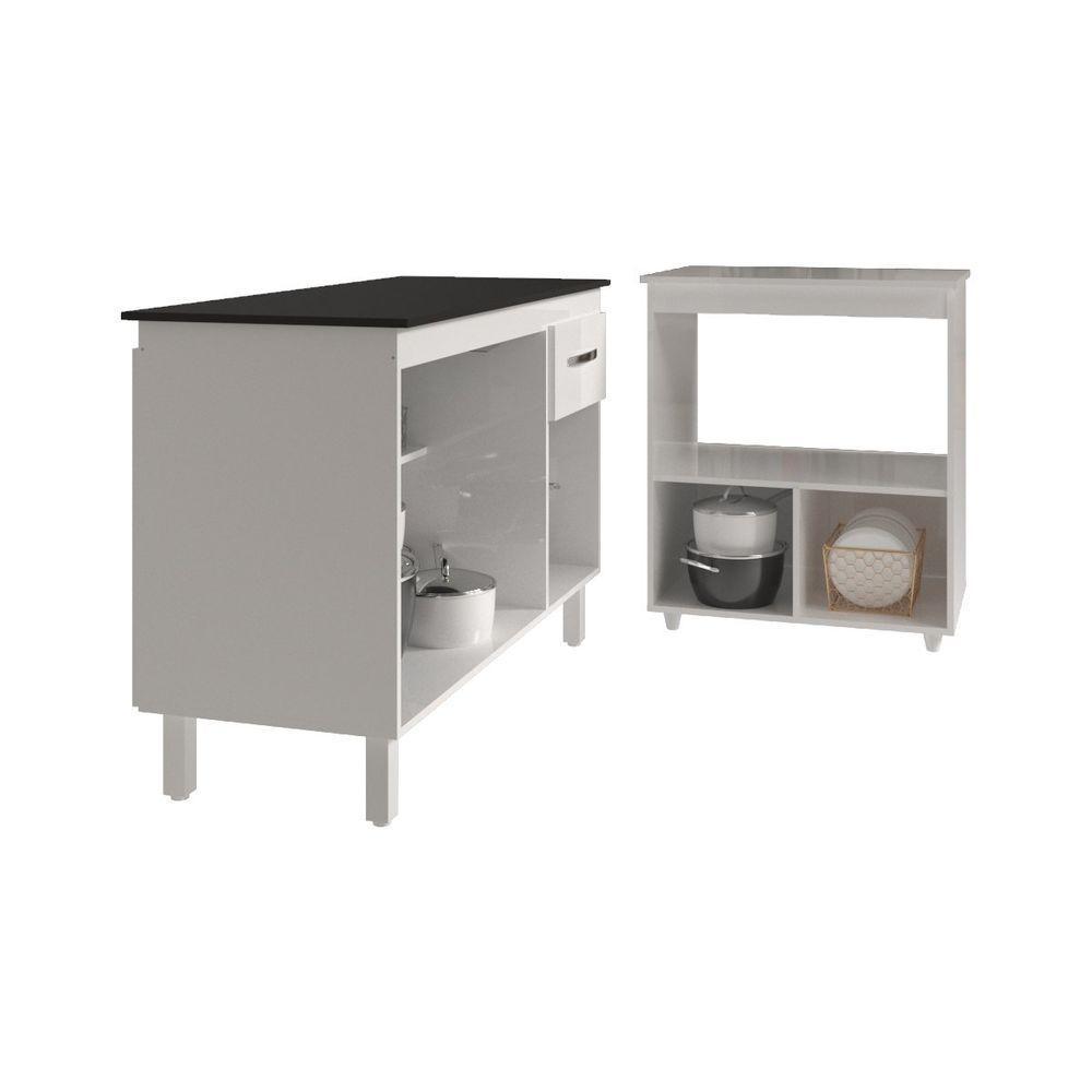 Balcão Armário Gabinete Aline 118 Cm Branco Com Tampo Preto E Balcão Amanda Para Forno E Microondas Branco - 3