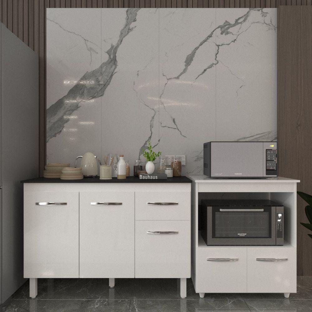 Balcão Armário Gabinete Aline 118 Cm Branco Com Tampo Preto E Balcão Amanda Para Forno E Microondas Branco - 5