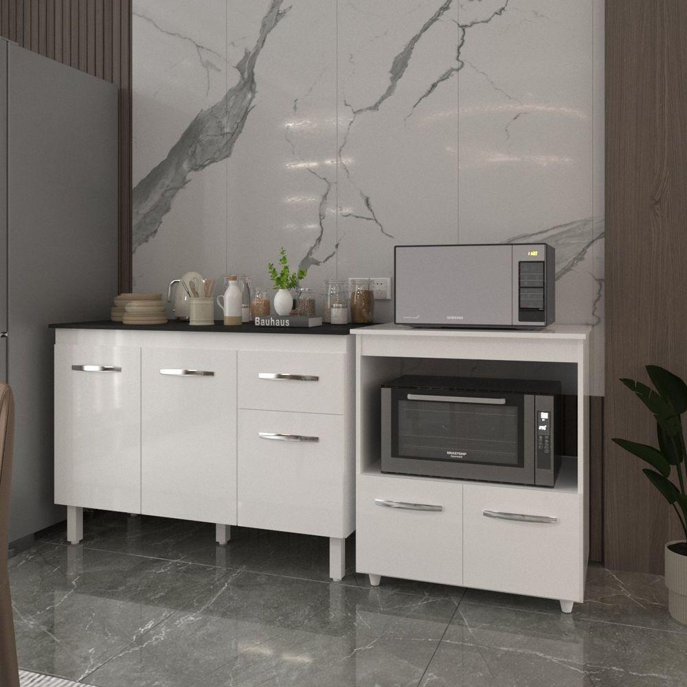 Balcão Armário Gabinete Aline 118 Cm Branco Com Tampo Preto E Balcão Amanda Para Forno E Microondas Branco - 6