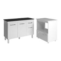 Balcão Armário Gabinete Aline 118 Cm Branco Com Tampo Preto E Balcão Amanda Para Forno E Microondas Branco - 1