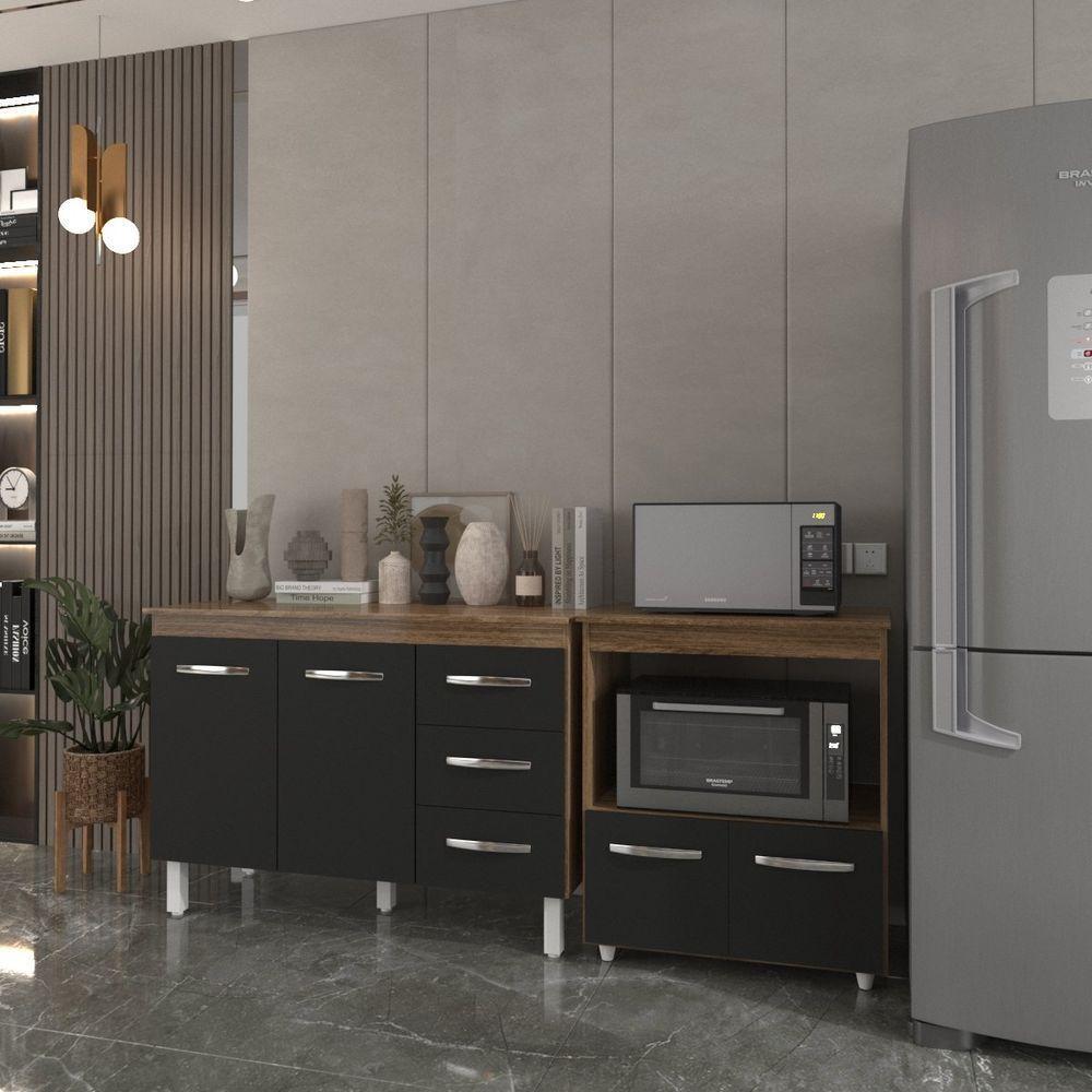 Balcão Armário Gabinete Bruna 118 Cm Preto Com Tampo E Balcão Amanda Para Forno E Microondas Preto - 2