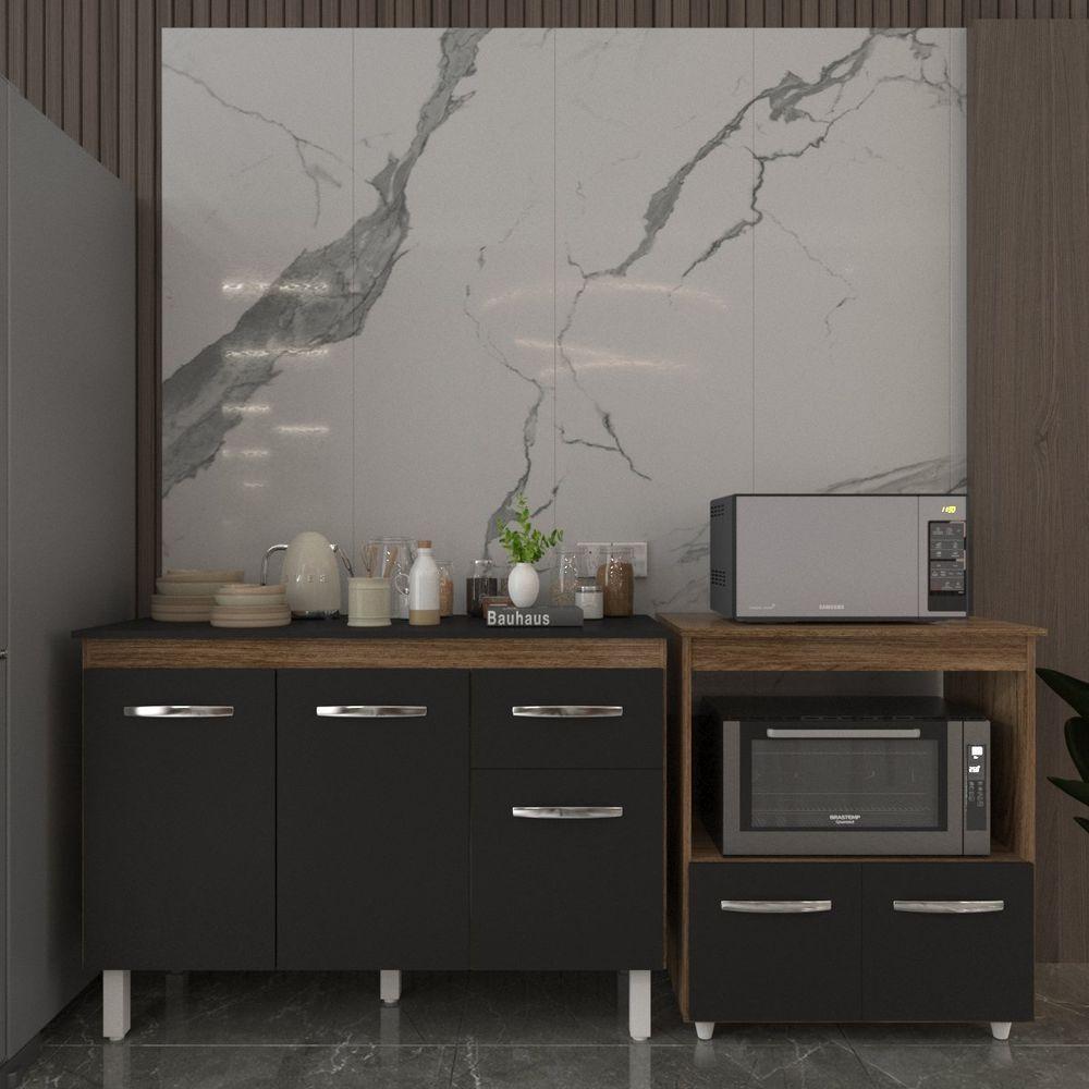 Balcão Armário Gabinete Aline 118 Cm Preto Com Tampo Preto E Balcão Amanda Para Forno E Microondas Preto - 2