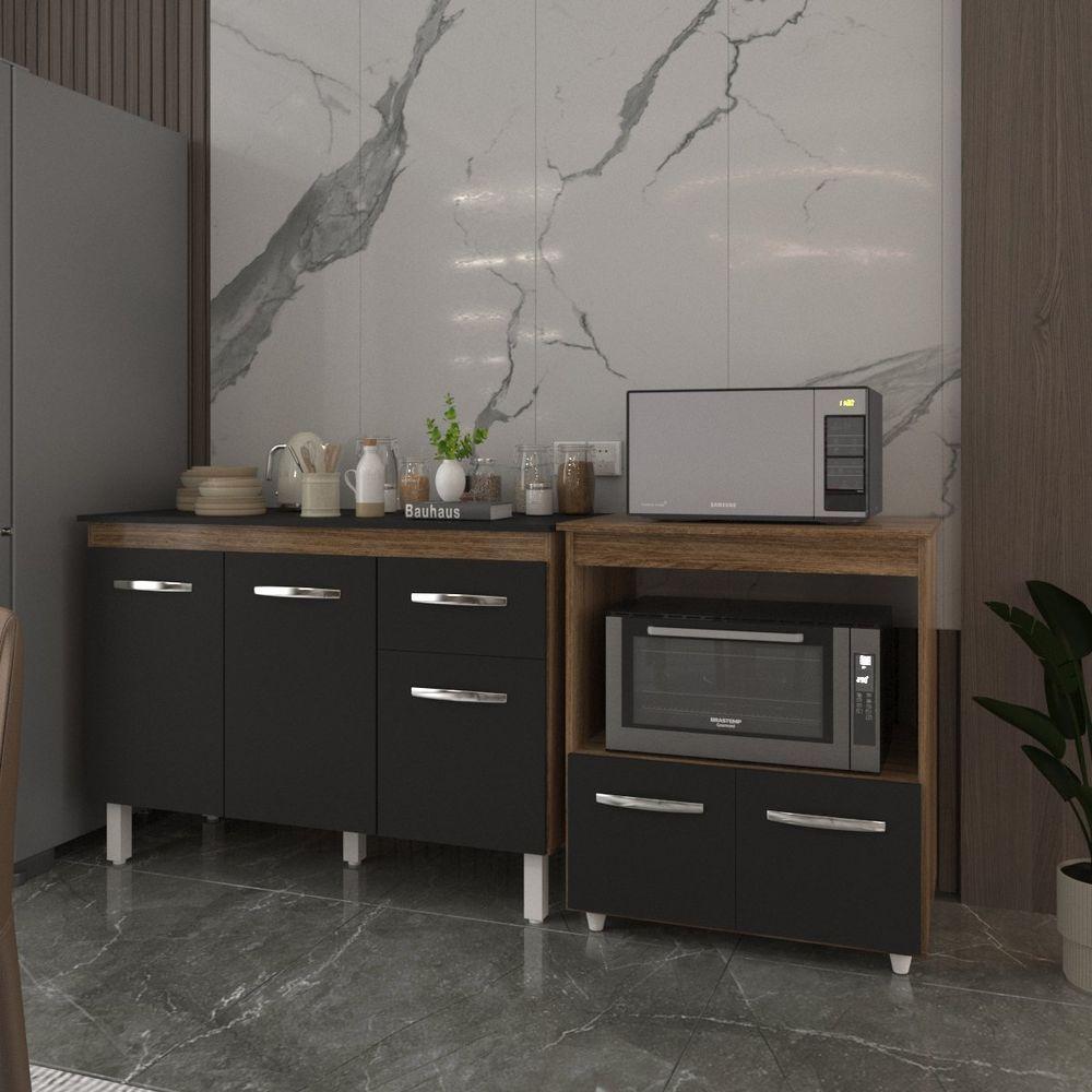 Balcão Armário Gabinete Aline 118 Cm Preto Com Tampo Preto E Balcão Amanda Para Forno E Microondas Preto - 3