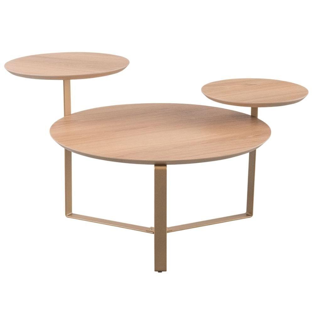 Mesa De Centro Industrial Chanfrada Artesano 83 Cm (larg) 3 Tampos Mdp Hanover (mel) Pé Aço Dourado - 2