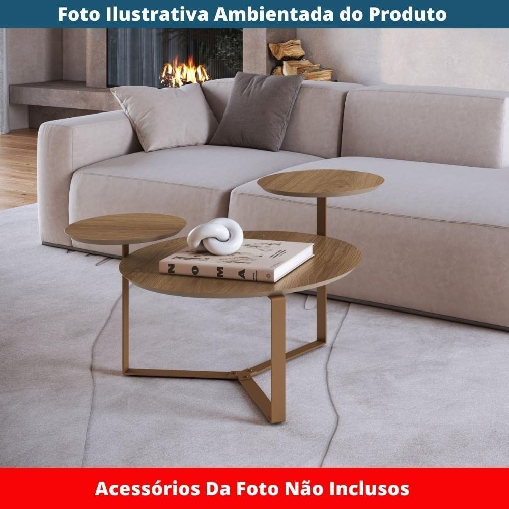Mesa De Centro Industrial Chanfrada Artesano 83 Cm (larg) 3 Tampos Mdp Hanover (mel) Pé Aço Dourado - 3