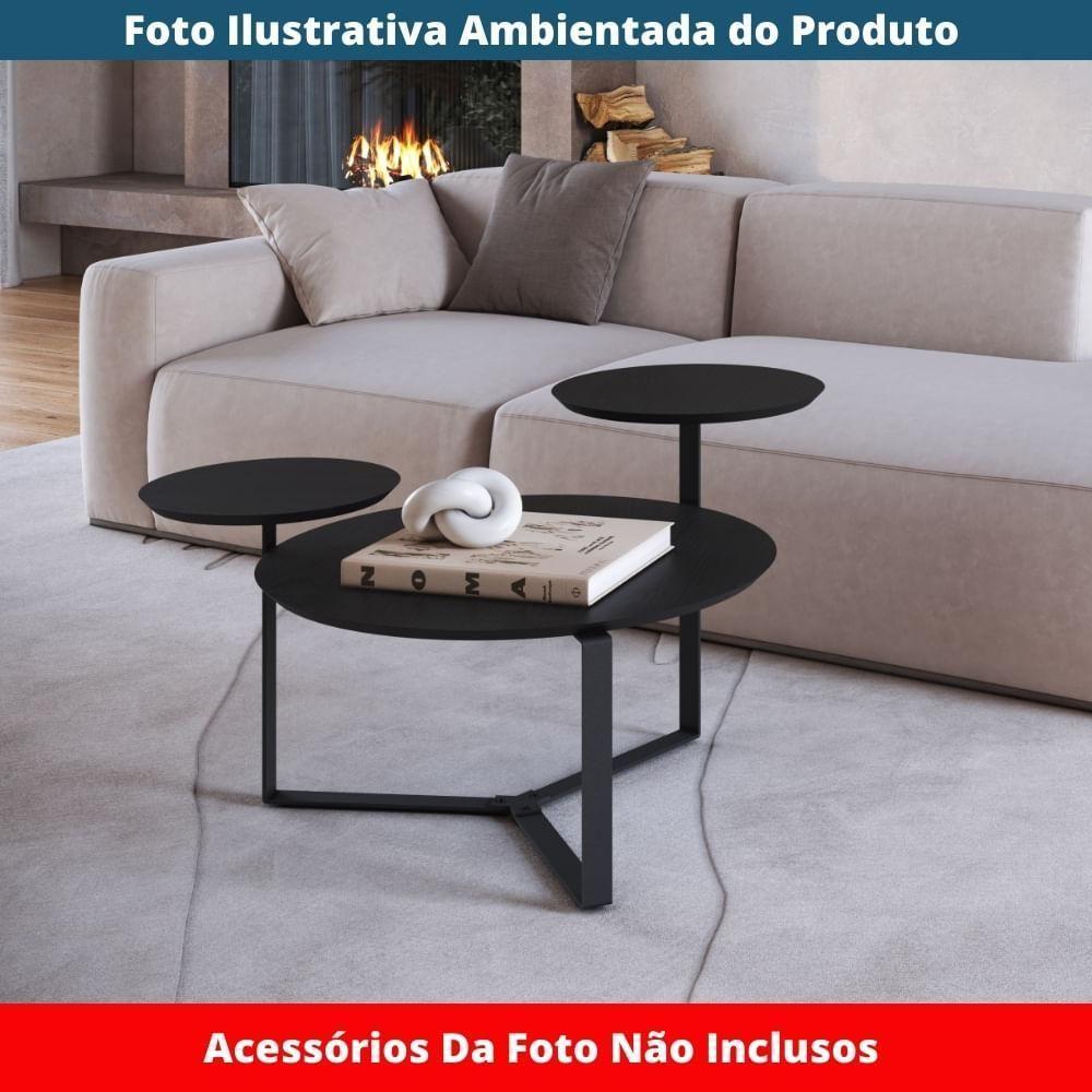Mesa De Centro Industrial Chanfrada Artesano 83 Cm (larg) 3 Tampos Mdp Nero (preto) Pé Aço Preto - 3