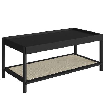 Mesa De Centro Retangular Oslo Artesano 93 Cm (largura) Mdp Nero Palha Sintética Bege Pé Madeira