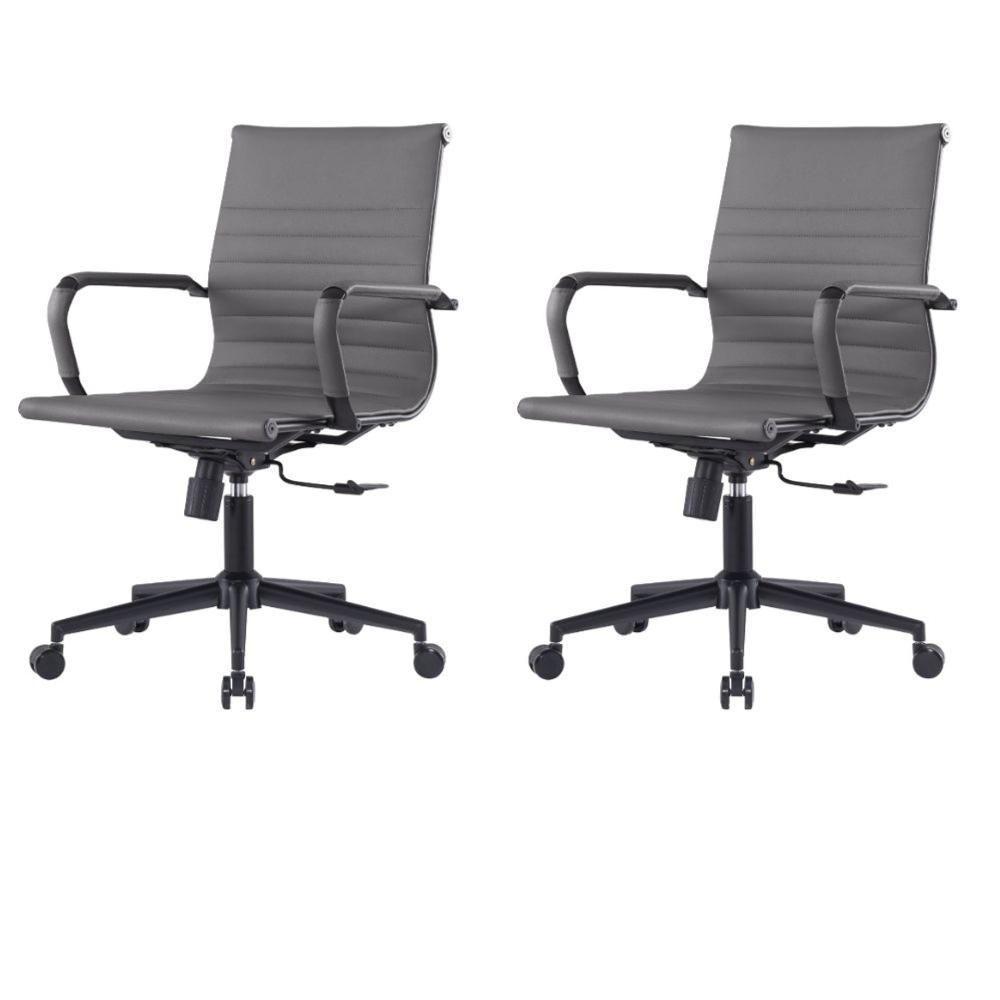 Kit 2 Cadeiras Escritório Manhattan Black Esteirinha Diretor Fratini Pu Cinza Base Rodízio Preto - 1