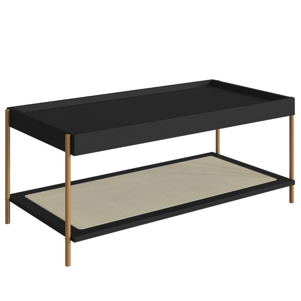 Mesa De Centro Retangular Oslo Artesano 93 Cm (larg) Mdp Nero Palha Sintética Bege Pé Metal Dourado - 1