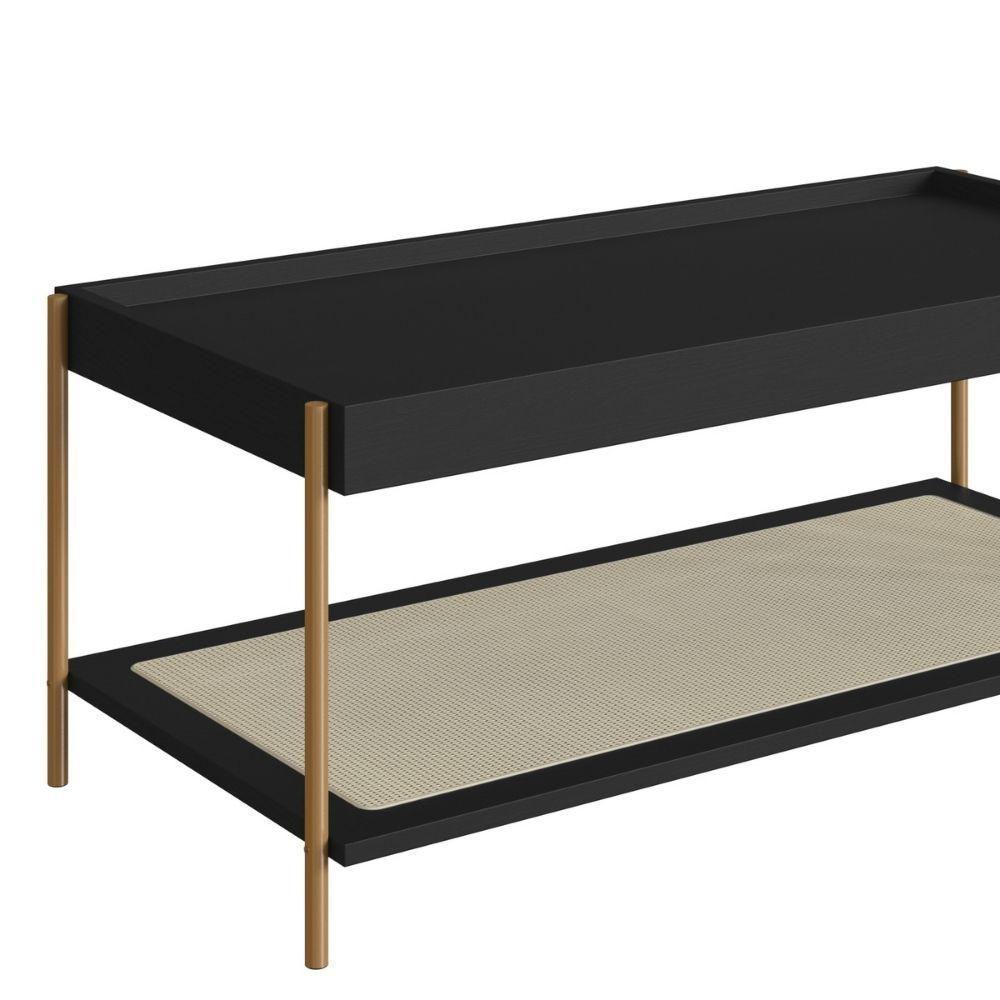 Mesa De Centro Retangular Oslo Artesano 93 Cm (larg) Mdp Nero Palha Sintética Bege Pé Metal Dourado - 2