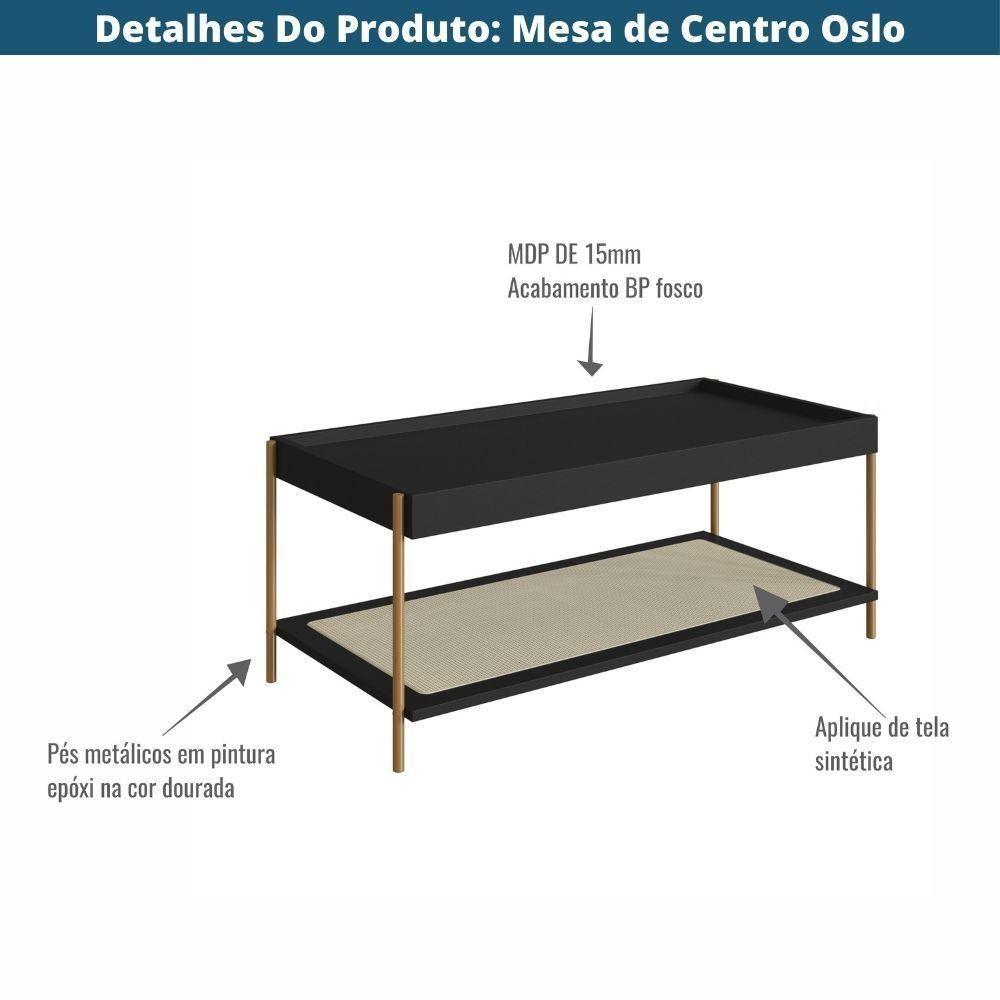 Mesa De Centro Retangular Oslo Artesano 93 Cm (larg) Mdp Nero Palha Sintética Bege Pé Metal Dourado - 3