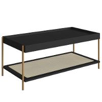 Mesa De Centro Retangular Oslo Artesano 93 Cm (larg) Mdp Nero Palha Sintética Bege Pé Metal Dourado - 1