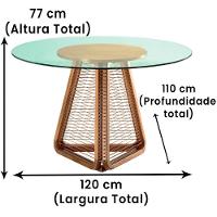 Mesa De Jantar Coss Ozki 120 Cm Madeira Eucalipto Cedro Redonda Corda Redonda Canela E Tampo De Vidr - 2