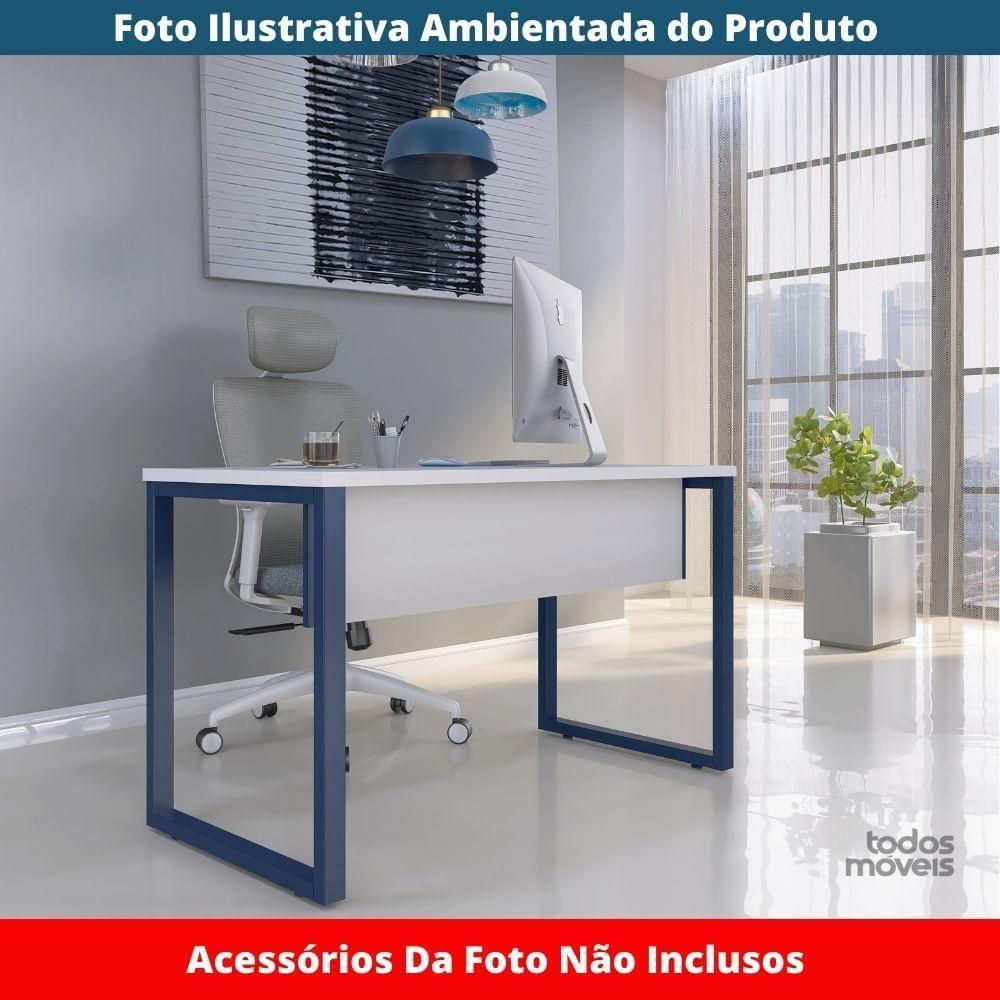 Mesa Escritório P25 Tub Pandin 150 Cm (larg) X 70 Cm (prof) Tampo Mdp Branco Pé Aço Tubular Azul - 2