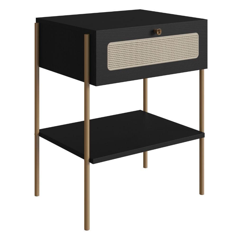 Mesa Cabeceira 1 Gaveta Oslo Artesano 48 Cm (largura) Mdp Nero Palha Sintética Bege Pé Metal Dourado - 1